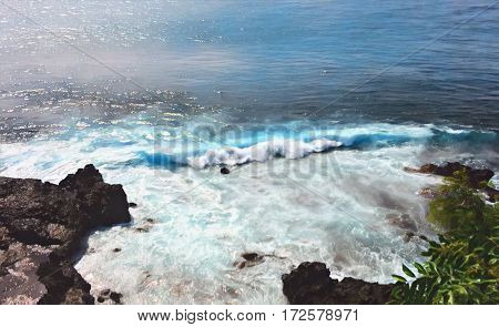 Sea wave over stones. Black rocks beach with high tide. Sea landscape digital illustration. Painted style seascape with waves and foam. Tropical holiday and travel image. Volcanic island sea view