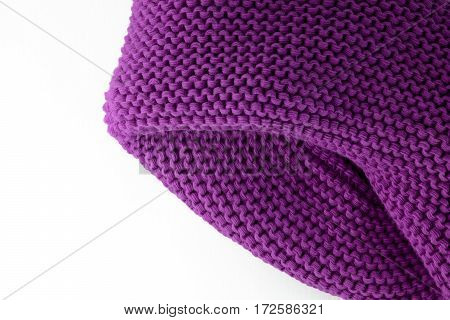 Knitted Purple Scarf Isolated On A White Background Closeup