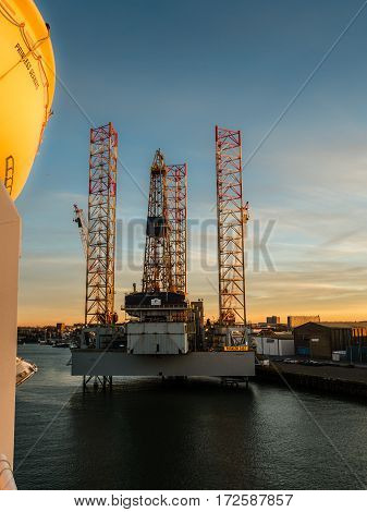 IJMUIDEN. NETHERLANDS - 20 JAN. 2017: Oil rig Paragon C463 lies docked in the port of IJmuiden for maintenance before continuing its activities in the North Sea