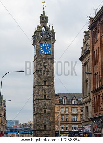 GLASGOW, SCOTLAND - 29 JAN 2017: Tolbooth Steeple at Glasgow Cross. The tower was built in 1625 and was the main point of Glasgow and also the place where the hangings of Glasgow used to occur
