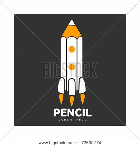 Three colored logo template with pencil as rocket going up to space, vector illustration isolated on black background. Graphic logotype, logo design with vertical pencil as a space rocket