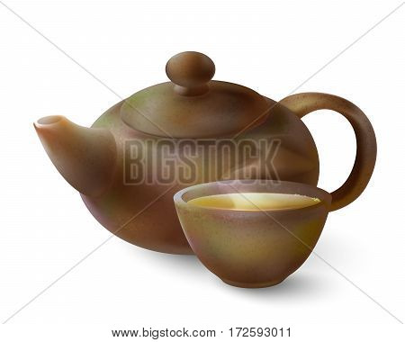 Vector 3d illustration of a tea in brown ware. Clay teapot and cup of hot tea on a white background