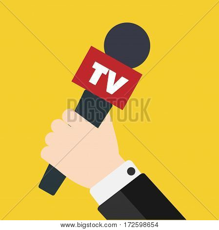 Journalist holding microphone. Journalism concept . Interview, news, reporter, press, isolated, interviewer, media, paparazzi. Vector Stock