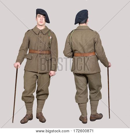 a french soldier in 1940's uniform front and back view