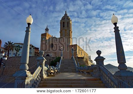 Church of Saint Bartholomew and Saint Tecla at sunrise in Sitges. Spain.