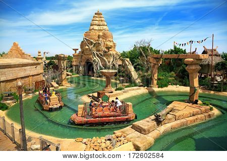 PORT AVENTURA/ SPAIN - MAY 11. Interactive water attraction Angkor located in the China area in the theme park Port Aventura on May 11, 2015 in city Salou, Catalonia, Spain.