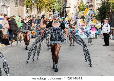 Carnival groups and costumed characters parade through the streets of the city. FEBRUARY 19 2017 Torrevieja Spain.