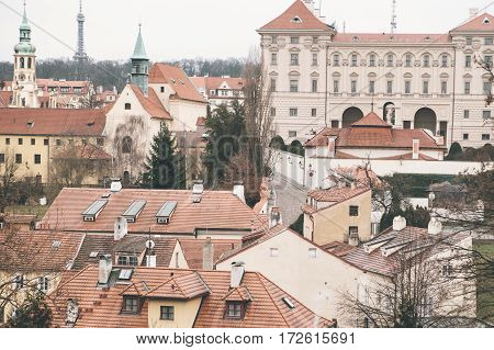 Traditional Czech unusual beautiful house on Cerninska street in Hradcany district of Prague, Czech Republic. The view from the observation deck. Viewpoint. Tourist destinations. Sight.