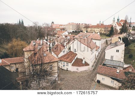 Traditional Czech unusual beautiful house on Cerninska street in Hradcany district of Prague - the capital of the Czech Republic. Tourist destinations. Sight.
