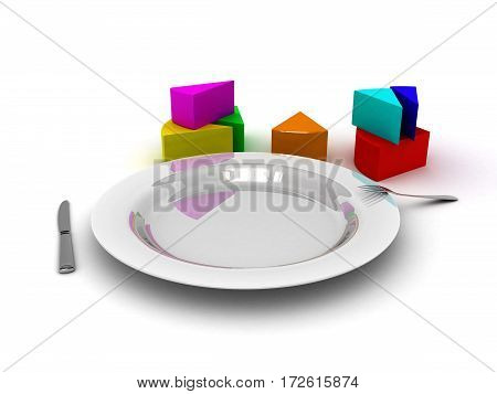 Business lunch concept infographic. Isometric 3d pie chart on plate isolated on white background. Cutlery fork and knife.