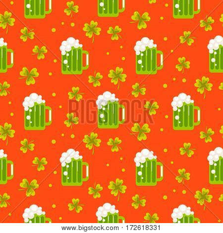 Irish St. Patrick seamless vector pattern. Green beer ale and clover leaves tileable orange background.