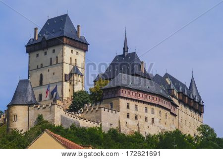 Karlstein castle in Czech republic on sunny day.