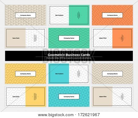 Geometric business cards with pattern background. Modern clean design geometry texture. Vector abstract branding kit with minimalistic seamless shapes for brand presentation web print package.