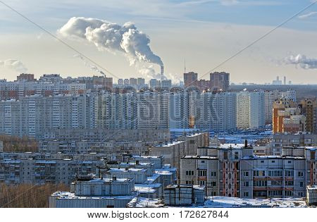 Aerial view of the modern and old residential districts in city of Balashikha. Moscow region, Russia
