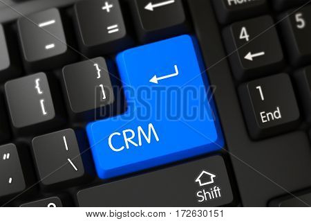 CRM Concept: Black Keyboard with Blue Enter Button Background, Selected Focus. 3D Illustration.