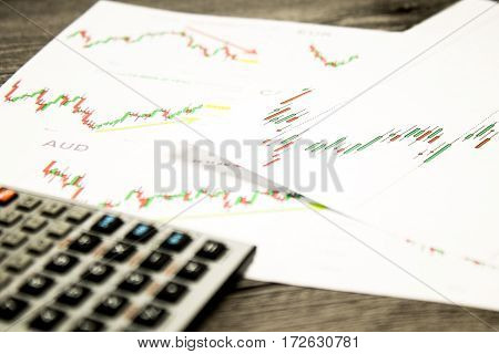 calculator on graffica the Dow Jones on forex market at grey table