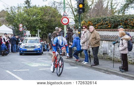 Conflans-Sainte-HonorineFrance-March 62016: The Norwegian cyclist Daniel Hoelgaard of FDJ Team riding during the prologue stage of Paris-Nice 2016.