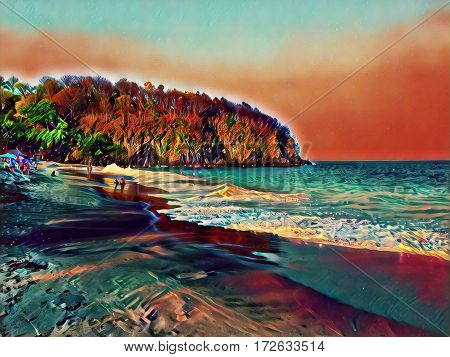 Dark sand beach and seaside with distant mountain. Digital illustration of tropical nature. Red and green sunset landscape with sea. Colorful background image or banner template with place for text.