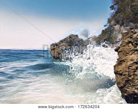 Seaside view with huge rocks and a wave. Seawater splashes over stones. Hidden beach landscape. Seascape with big wave. Dangerous wave hit beach. High tide wave. Tropic sea retro image with text place