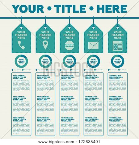 Infographics elements. 5 labels with icons and pie chart