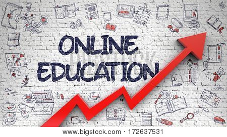Online Education - Success Concept. Inscription on the White Brickwall with Doodle Design Icons Around. Online Education Drawn on White Brickwall. Illustration with Hand Drawn Icons.
