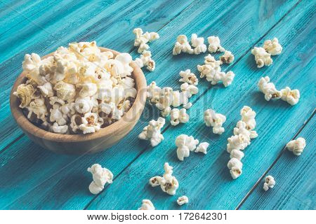 Popcorn In Wooden Plate On A Blue Background