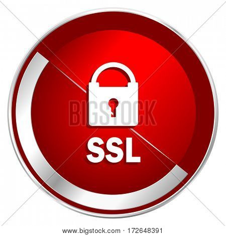 Csl red web icon. Metal shine silver chrome border round button isolated on white background. Circle modern design abstract sign for smartphone applications.