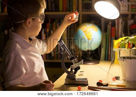 Cute elementary school boy looking into microscope at his desk at home. Young scientist making experiments in his home laboratory. Indoors. Child and science.