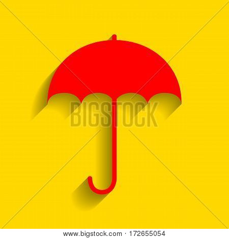 Umbrella sign icon. Rain protection symbol. Flat design style. Vector. Red icon with soft shadow on golden background.