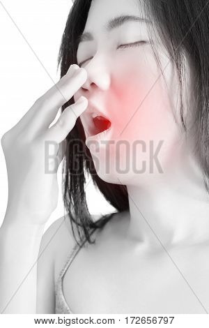 Acute Pain And Sore Throat Symptom In A Woman Isolated On White Background. Clipping Path On White B