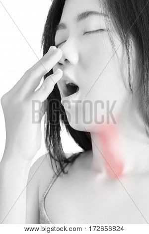 Acute Pain And Sore Throat Symptom In A Woman Isolated On White Background. Clipping Path On White B