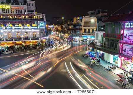 Hanoi Vietnam - February 15 2017: Aerial view of traffic at old quarter in Hanoi Vietnam at night long exposure