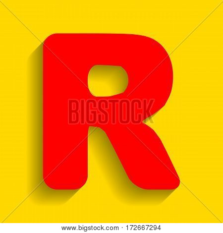 Letter R sign design template element. Vector. Red icon with soft shadow on golden background.