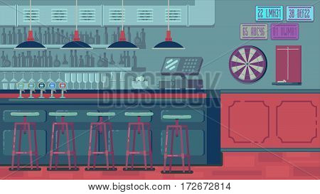 Bar Restaurant with counter in flat style. Vector banner of interior with bar counter, bar chairs and shelves with alcohol.