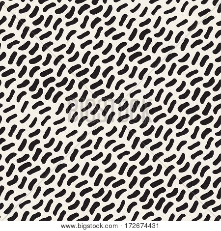 Hand Drawn Scattered Wavy Lines Monochrome Texture. Vector Seamless Black And White Pattern