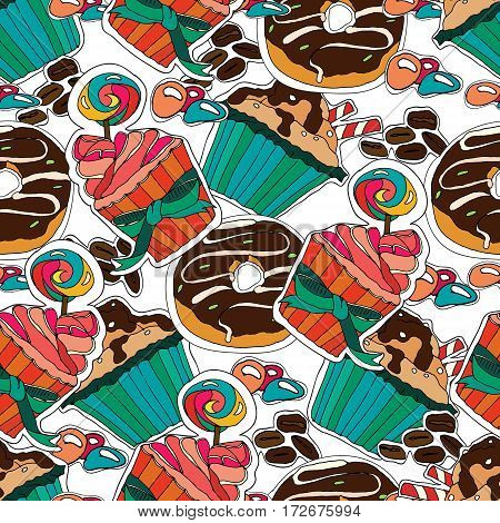 Vector seamles pattern. Desserts muffins cupcakes candies cheesecake chocolate coffee. Can use for birthday party decoration wallpaper gift wrapp menu kitchen's decor.