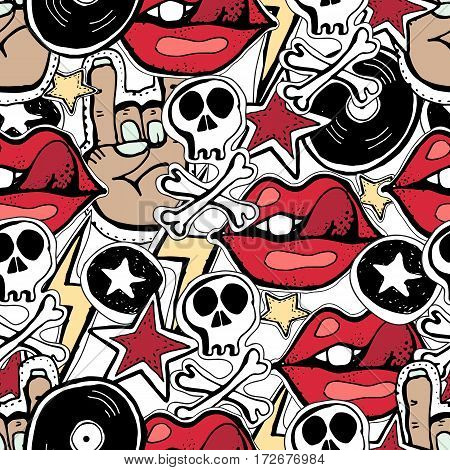 Vector seamles pattern. Crazy punk rock abstract background. Skulls pins guitars rock symbols disk starslips. Can use for party decoration wallpaper gift wrapp prints home decor.