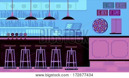 Bar Restaurant with counter in flat style. banner of interior with bar counter, bar chairs and shelves with alcohol.