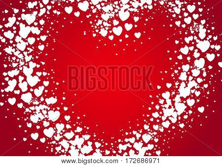 Heart shape Valentines Day card spray painted with random white scatter hears on red background. Love and Valentine's Day concept.