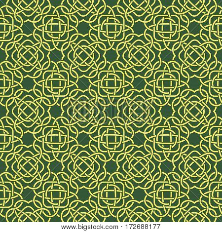 Clover Seamless Pattern In Celtic Style. St. Patrick's Day Endless Repeat Backdrop In Green And Yell