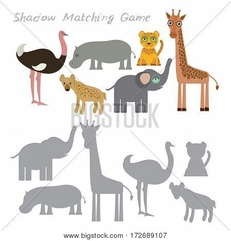 Ostrich elephant giraffe hippopotamus hyena leopard isolated on white background, Shadow Matching Game for Preschool Children. Find the correct shadow. Vector illustration