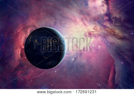 Earth with great Orion nebula in universe. 3D render / illustration.