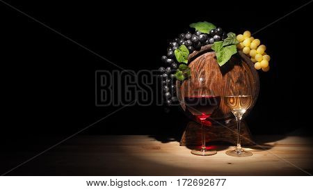 Glass Of Red , White Wine And Barrel On Wooden Table
