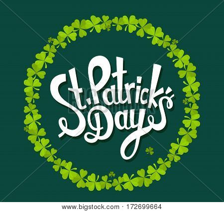 Vector Illustration Of St. Patrick's Day Greeting With Trifoliate Clovers On Dark Green Background.
