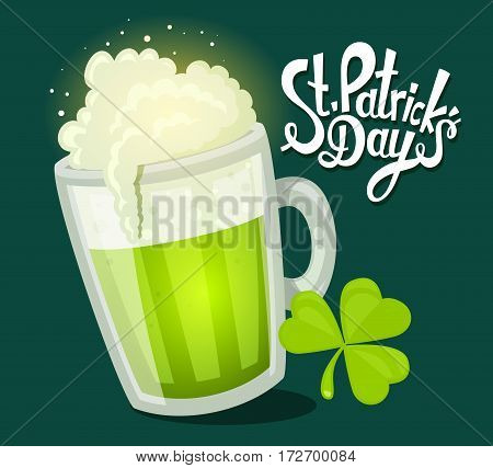 Vector Illustration Of St. Patrick's Day Greeting With Big Mug Of Beer With Clover On Dark Green Bac