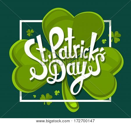 Vector Illustration Of St. Patrick's Day Greeting With Large Trifoliate Clover And White Text In Fra
