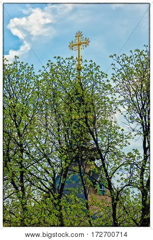 Orthodox Church of Kiev In the botanical garden crosses tend to heaven around trees blossom