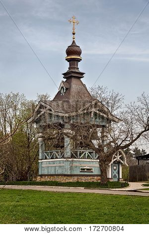 Orthodox Church of Kiev In the botanical garden crosses tend to heaven around trees blossom