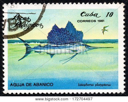 UKRAINE - CIRCA 2017: A stamp printed in Cuba shows the a fish Fan needle Istiophorus platypterus the series Pelagic Fish circa 1981