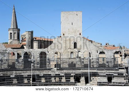 Arles, France - 28 June 2012: The Roman amphitheater of Arles on France